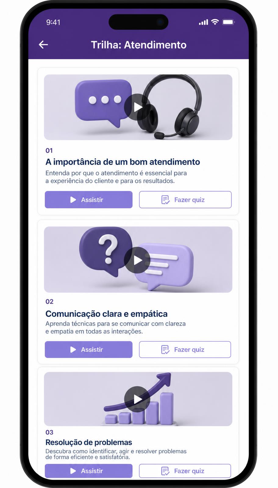 Tela da trilha de Atendimento no app da Loopa, com aulas, botões Assistir e Fazer quiz